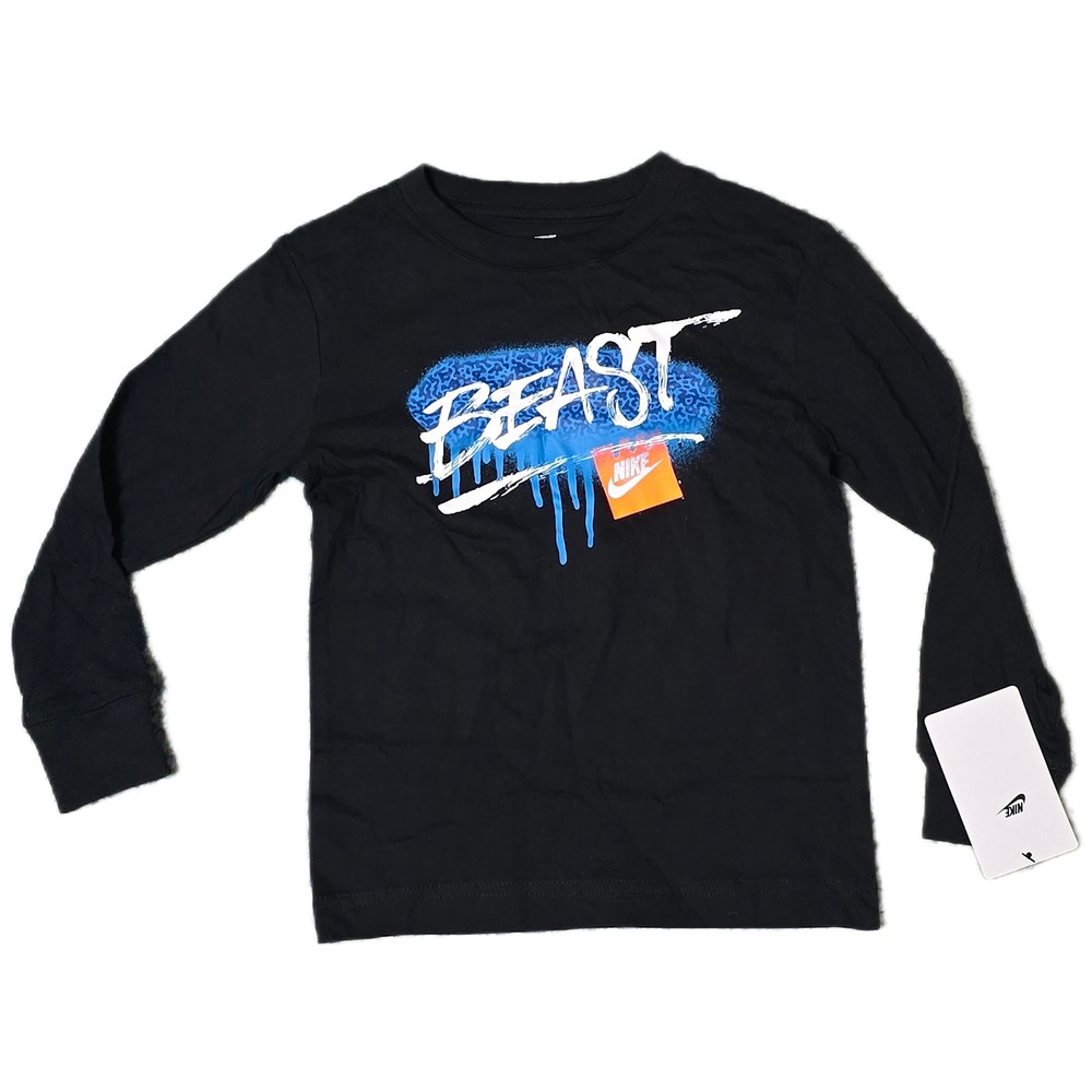 Nike Boys‎ Long Sleeve T Shirt Black BEAST Graphic Cotton Size 4 (AD)